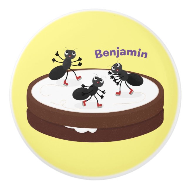 Happy ants ice skating on cookie cartoon ceramic knob (Front)
