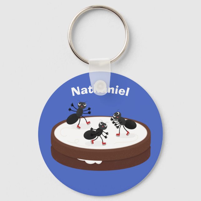 Happy ants ice skating on cookie cartoon keychain (Front)