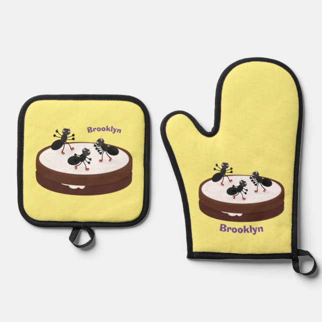 Happy ants ice skating on cookie cartoon oven mitt & pot holder set (Front)