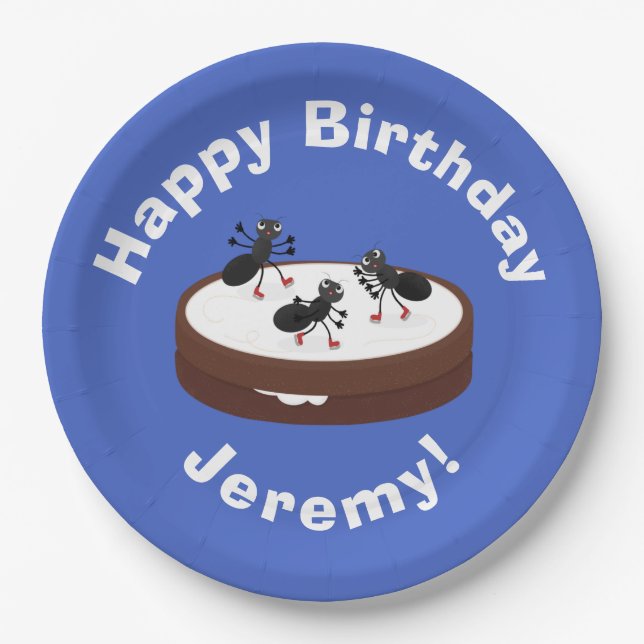 Happy ants ice skating on cookie cartoon paper plate (Front)