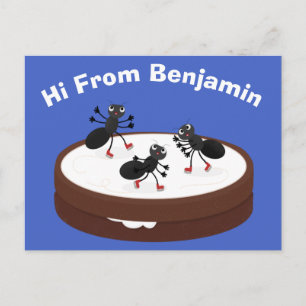 Happy ants ice skating on cookie cartoon postcard