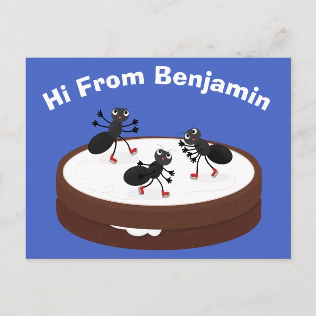 Happy ants ice skating on cookie cartoon postcard (Front)