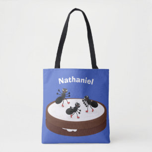 Happy ants ice skating on cookie cartoon tote bag