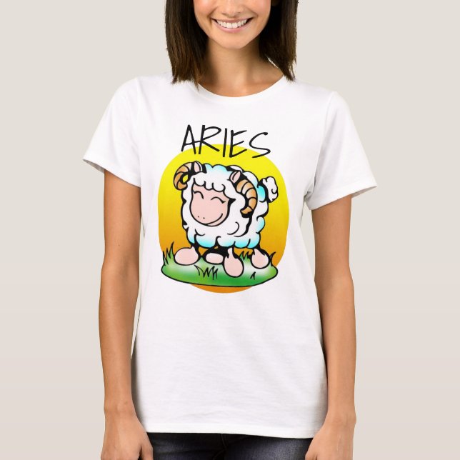 Happy Aries Ram Cartoon on Grass T-Shirt (Front)