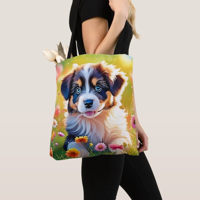 Happy Aussie Puppy Design Tote Bag (Close Up)