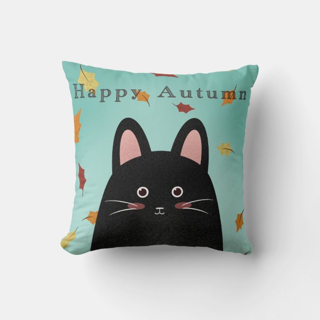 Happy Autumn Black Cat Throw Pillow (Front)