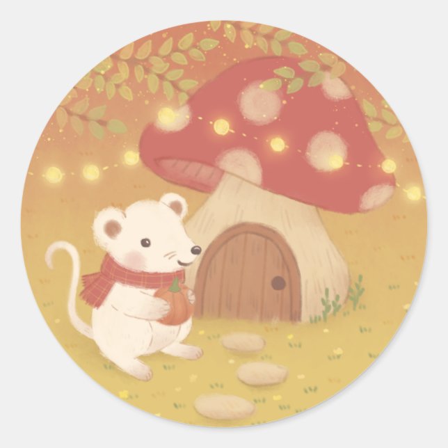Happy Autumn Days with Mouse Classic Round Sticker (Front)