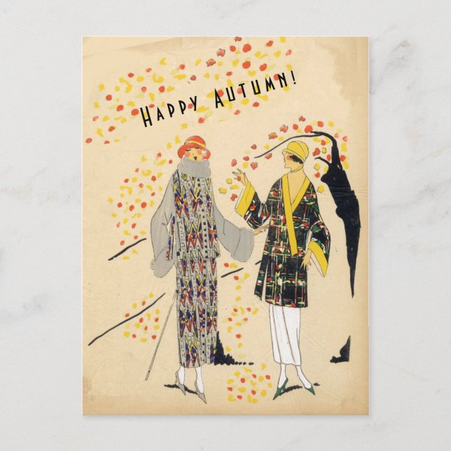 Happy Autumn Flapper Fashions in Fall Postcard (Front)