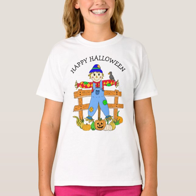 Happy Autumn Halloween Scarecrow and Pumpkins T-Shirt (Front)