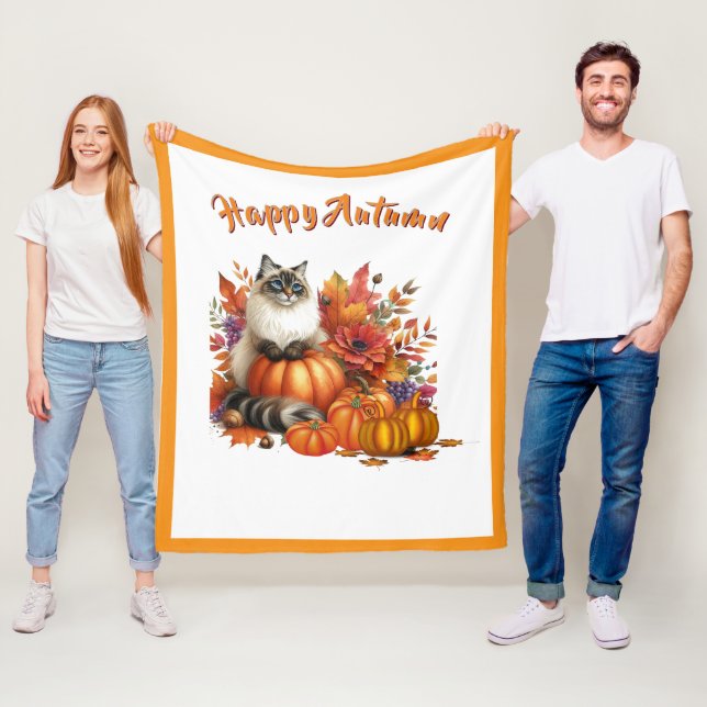 Happy Autumn Ragdoll Cat and Pumpkins Fleece Blanket (In Situ)