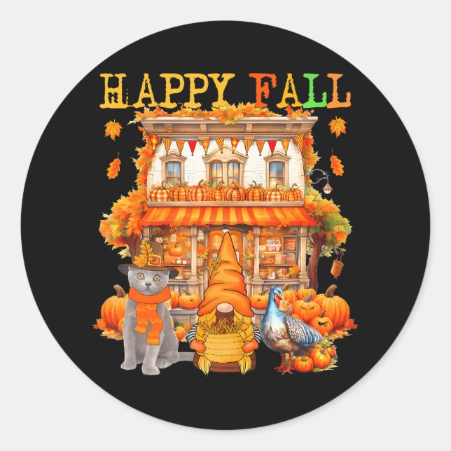 Happy Autumn Thanksgiving Russian Blue Cat Gnome Classic Round Sticker (Front)