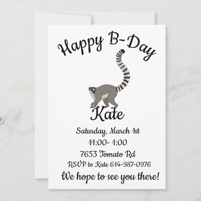 Happy-B Day Ring Tailed Lemur Invitation (Front)