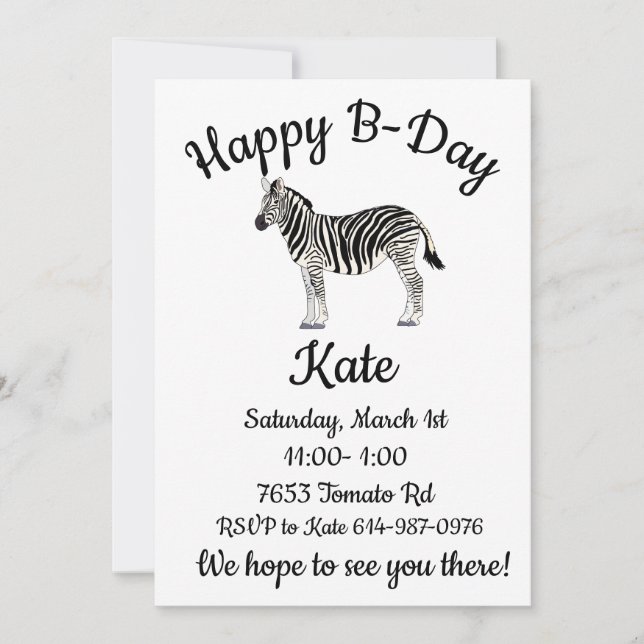 Happy B-day Zebra Invitation (Front)