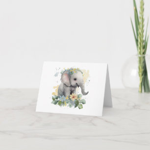 Happy Baby Watercolor Elephant with Flowers BLANK  Card