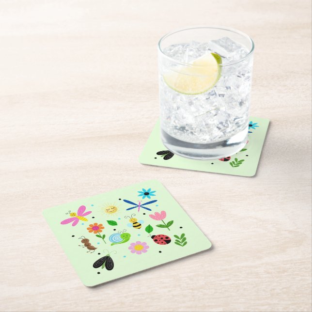 Happy Backyard Critters Square Paper Coaster (Insitu)