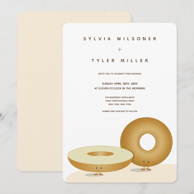 Happy Bagel Wedding White Brown Cream Vertical Invitation (Front/Back)