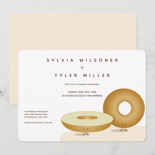 Happy Bagels Wedding White Cream Brown Invitation (Front/Back)