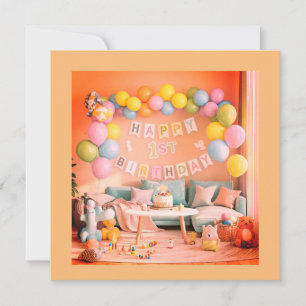 Happy Balloons First Birthday Card Invitation 