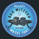 Happy Bar Mitzvah 20XX Blue Decorative Classic Round Sticker<br><div class="desc">Happy Bar Mitzvah 20XX Template. Tefillin on Blue colour pattern with star of David. Modern Design.  Religious Events Bar Mitzvahs.</div>
