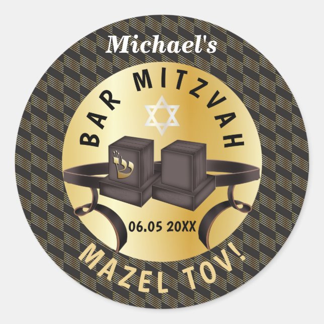 Happy Bar Mitzvah 20XX Gold Decorative Classic Round Sticker (Front)