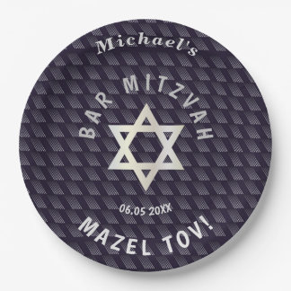 Happy Bar Mitzvah 20XX navy blue stylish pattern Paper Plate