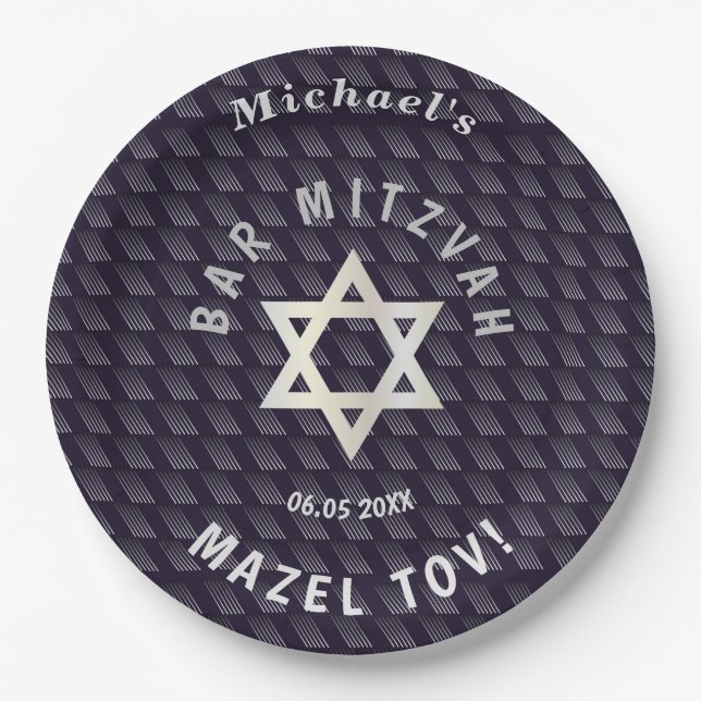 Happy Bar Mitzvah 20XX navy blue stylish pattern Paper Plate (Front)