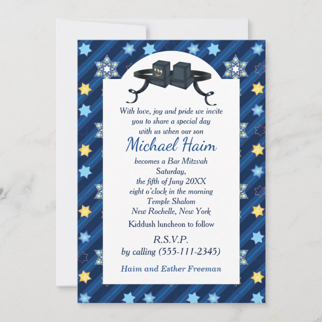 Happy Bar Mitzvah 20XX Tefillin Blue Star Modern Invitation (Front)
