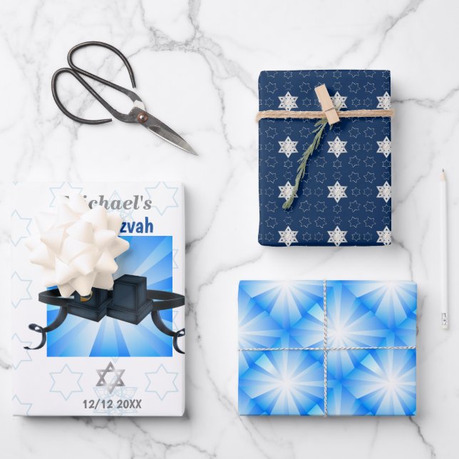 Happy Bar Mitzvah 20XX Tefillin Modern Personalize Wrapping Paper Sheet (Front)
