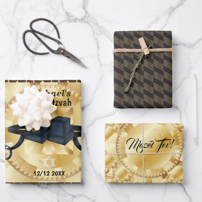 Happy Bar Mitzvah 20XX Tefillin Modern Personalize Wrapping Paper Sheet (Front)