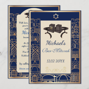 Happy Bar Mitzvah Jerusalem Kotel Tefillin Gold  Invitation