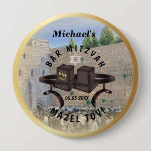 Happy Bar Mitzvah Jerusalem Kotel Western Wall 4 Inch Round Button