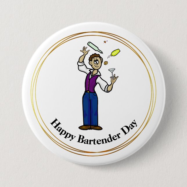 Happy Bartender Day Button - Male Cartoon  (Front)