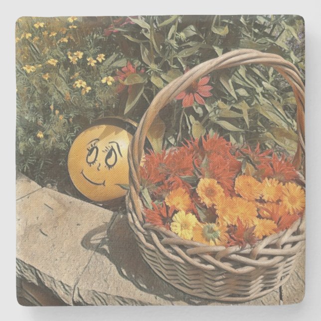 Happy Basket Of Flowers Stone Coaster (Front)