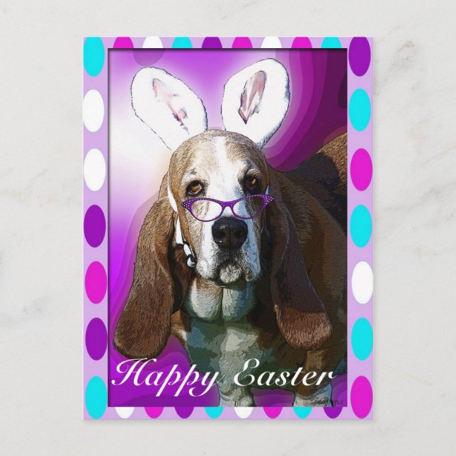 Happy Basset Hound Carte postale de voeux de Pâque (Devant)