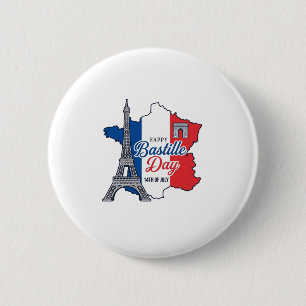 Happy Bastille Day France Map Eiffel Tower Vector_ 2 Inch Round Button