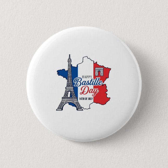 Happy Bastille Day France Map Eiffel Tower Vector_ 2 Inch Round Button (Front)