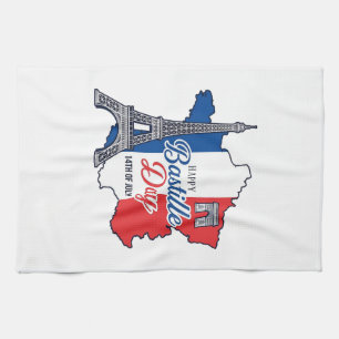 Happy Bastille Day France Map Eiffel Tower Vector_ Kitchen Towel
