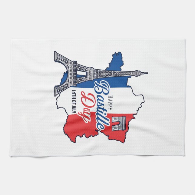 Happy Bastille Day France Map Eiffel Tower Vector_ Kitchen Towel (Horizontal)