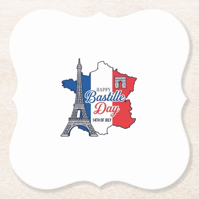 Happy Bastille Day France Map Eiffel Tower Vector_ Paper Coaster (Front)