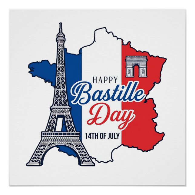 Happy Bastille Day France Map Eiffel Tower Vector_ Poster (Front)