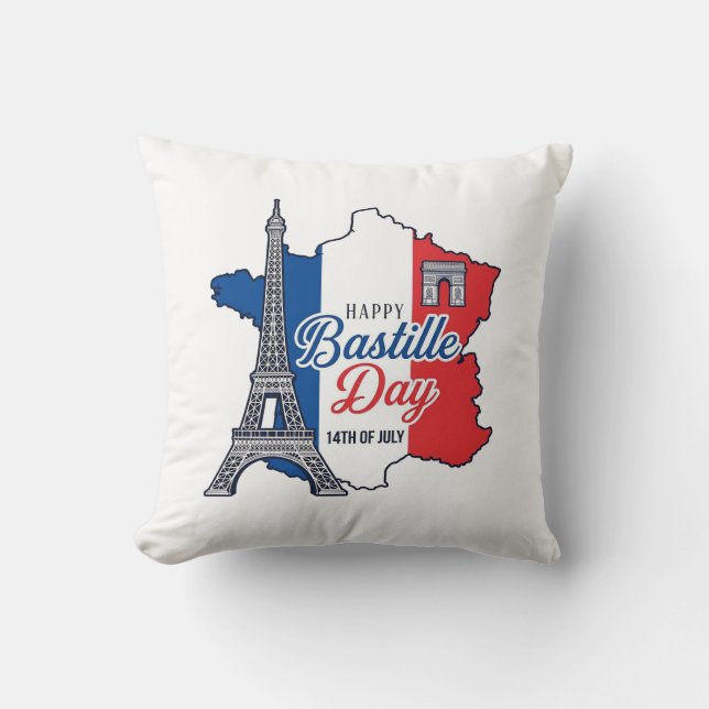 Happy Bastille Day France Map Eiffel Tower Vector_ Throw Pillow (Front)