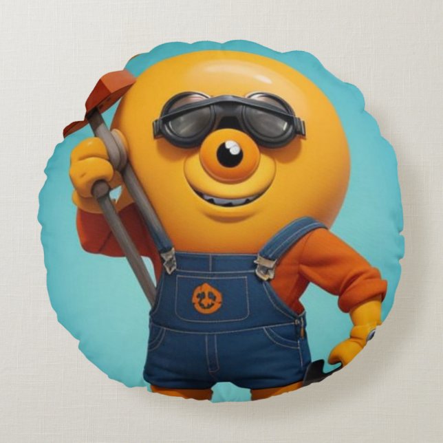 Happy Baumeister - Gelber Held with Hammer Round Pillow (Front)