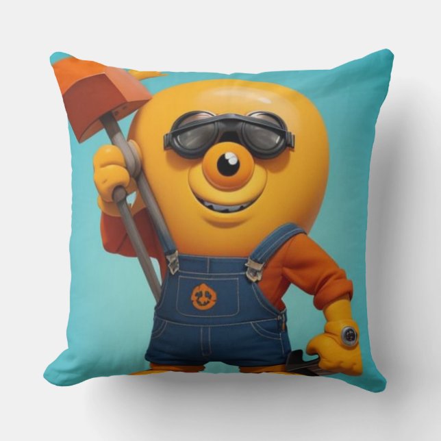 Happy Baumeister - Gelber Held with Hammer Throw Pillow (Front)
