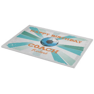 Happy Bday Soccer Coach Orange/Teal/Blue Starburst Cutting Board