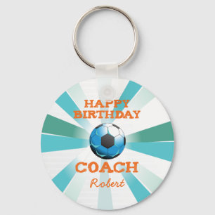 Happy Bday Soccer Coach Orange/Teal/Blue Starburst Keychain