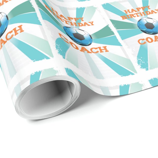 Happy Bday Soccer Coach Orange/Teal/Blue Starburst Wrapping Paper (Roll Corner)
