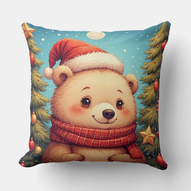 Happy Bear in Santa Hat  Throw Pillow (Front)
