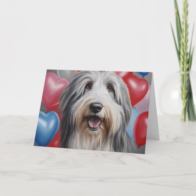 Happy Bearded Collie with Balloons Valentine's Day Card (Front)
