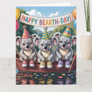 "Happy Bearth-Day" Koala Boat Party Illustration Card