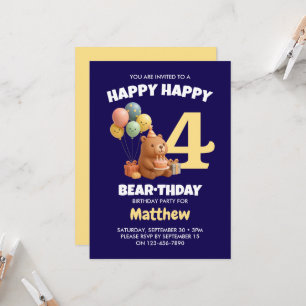 HAPPY BEARTHDAY Cute Teddy Bear 4th Birthday Invitation